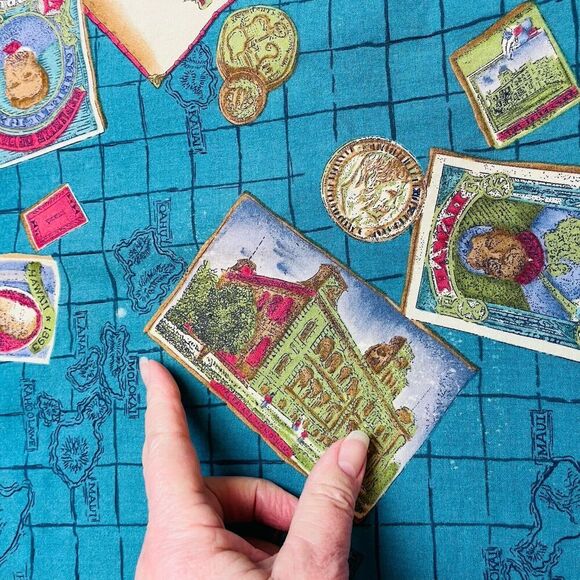 Vintage Paradise Found Hawaiian Shirt Mens XL Blue Postcards Coins Stamps Island - Picture 8 of 8